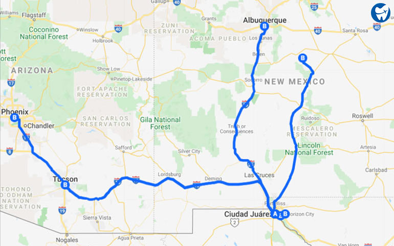 Road travel map - Major US cities to Juarez