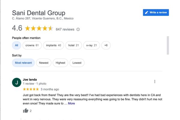 Google review of Sani Dental Group